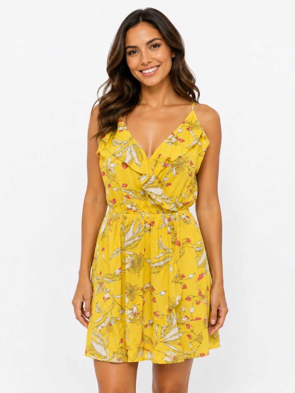 Xpress Yellow Floral Surplice Mini Dress L Tropical Ruffle Sundress
